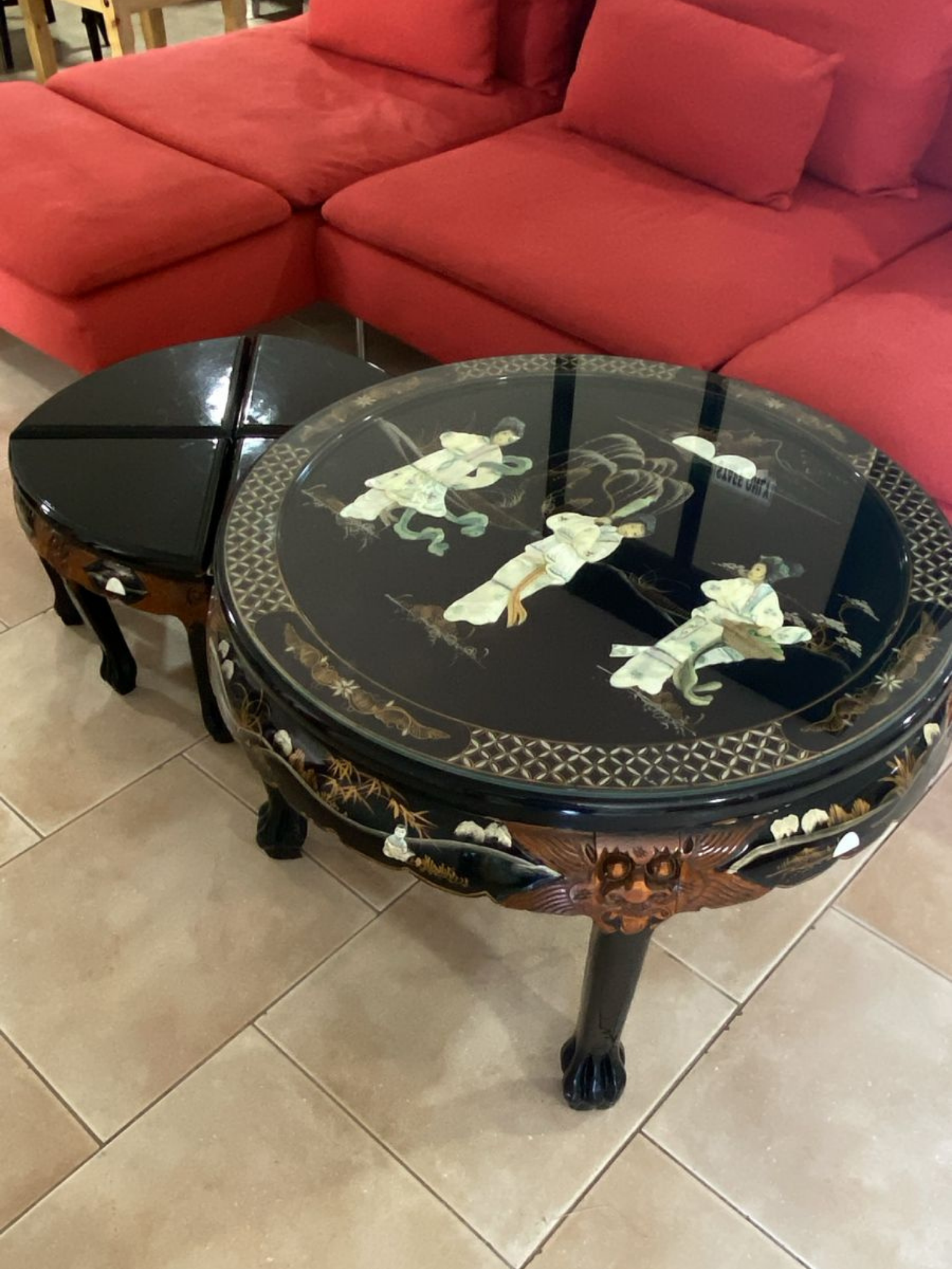 Oriental style coffee table with 4 nesting stools Deja Vu Cyprus