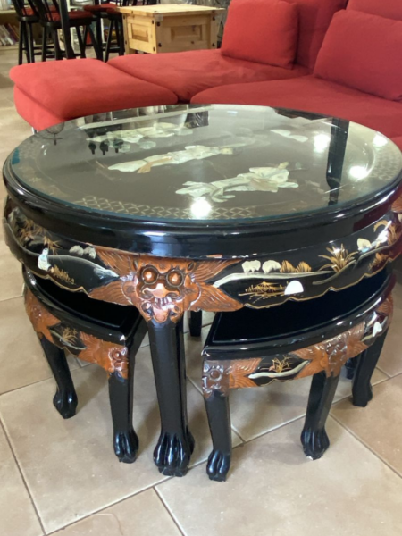 Oriental style coffee table with 4 nesting stools Deja Vu Cyprus